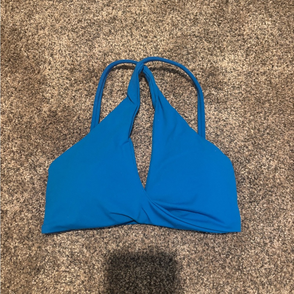Blue halter cross back sports bra